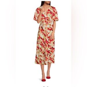 Dkny Red and Brown Off the Shoulder Flutter Sleeve Sundress